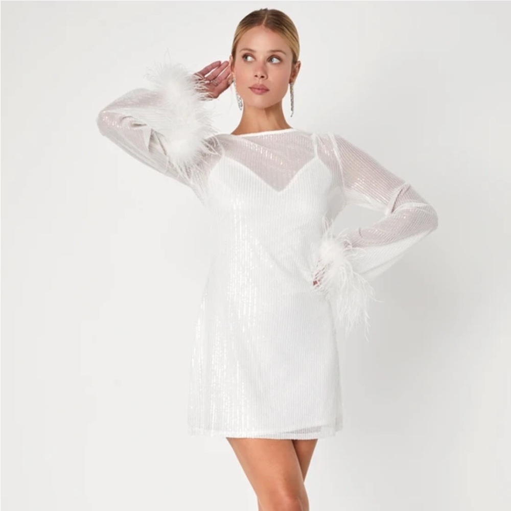 Lulu's Marvelous Energy White Sequin Mesh Long Sleeve Mini Dress